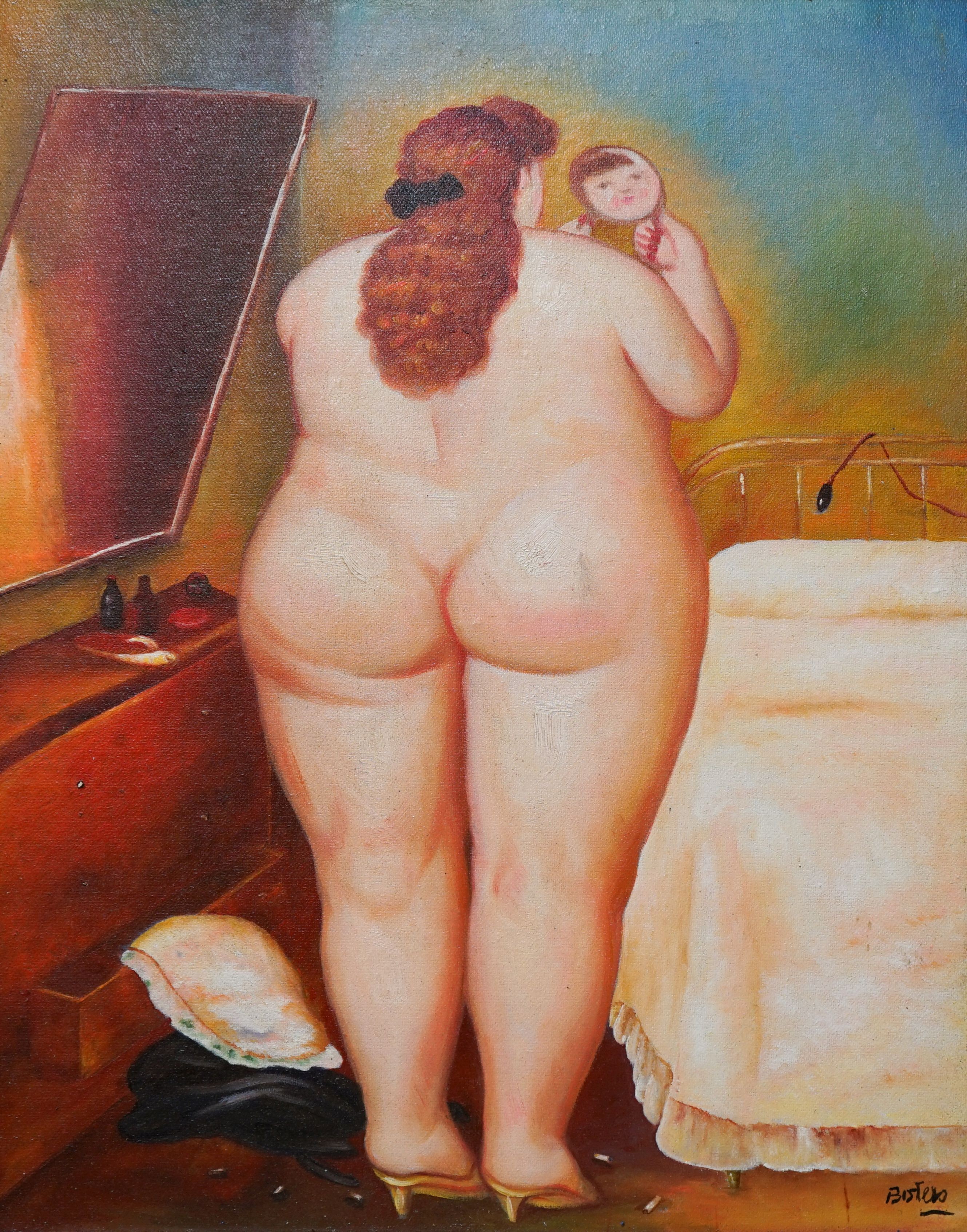 After Botero, oil on board, Nude in a looking glass, bears signature, 50 x 40cm
